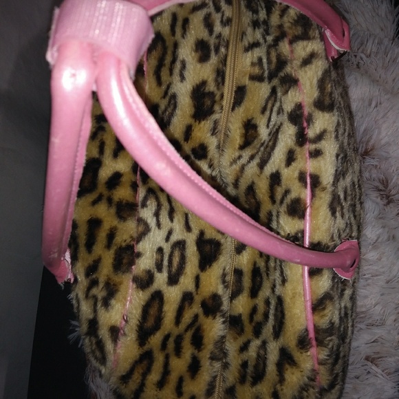 Tan Leopard Fur Pull Along Travel Bag Pink Trim - Picture 3 of 5